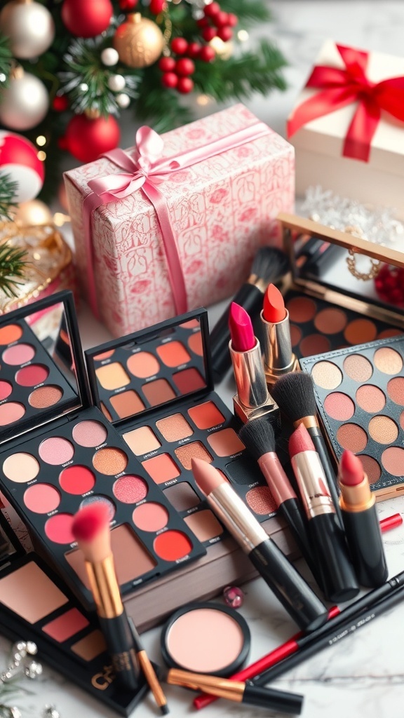 A collection of makeup gifts including eyeshadow palettes, lipsticks, and brushes, arranged on a festive background.